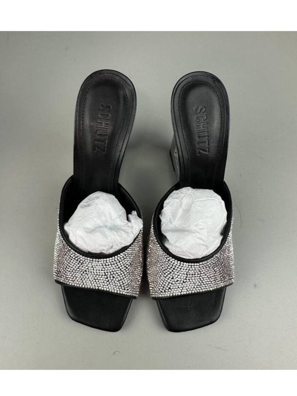 Schutz Black Slide Sandals with Silver Crystal Strap